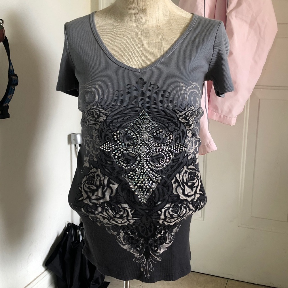 Vocal made in USA vintage grunge core biker chick style grey and bedazzled top